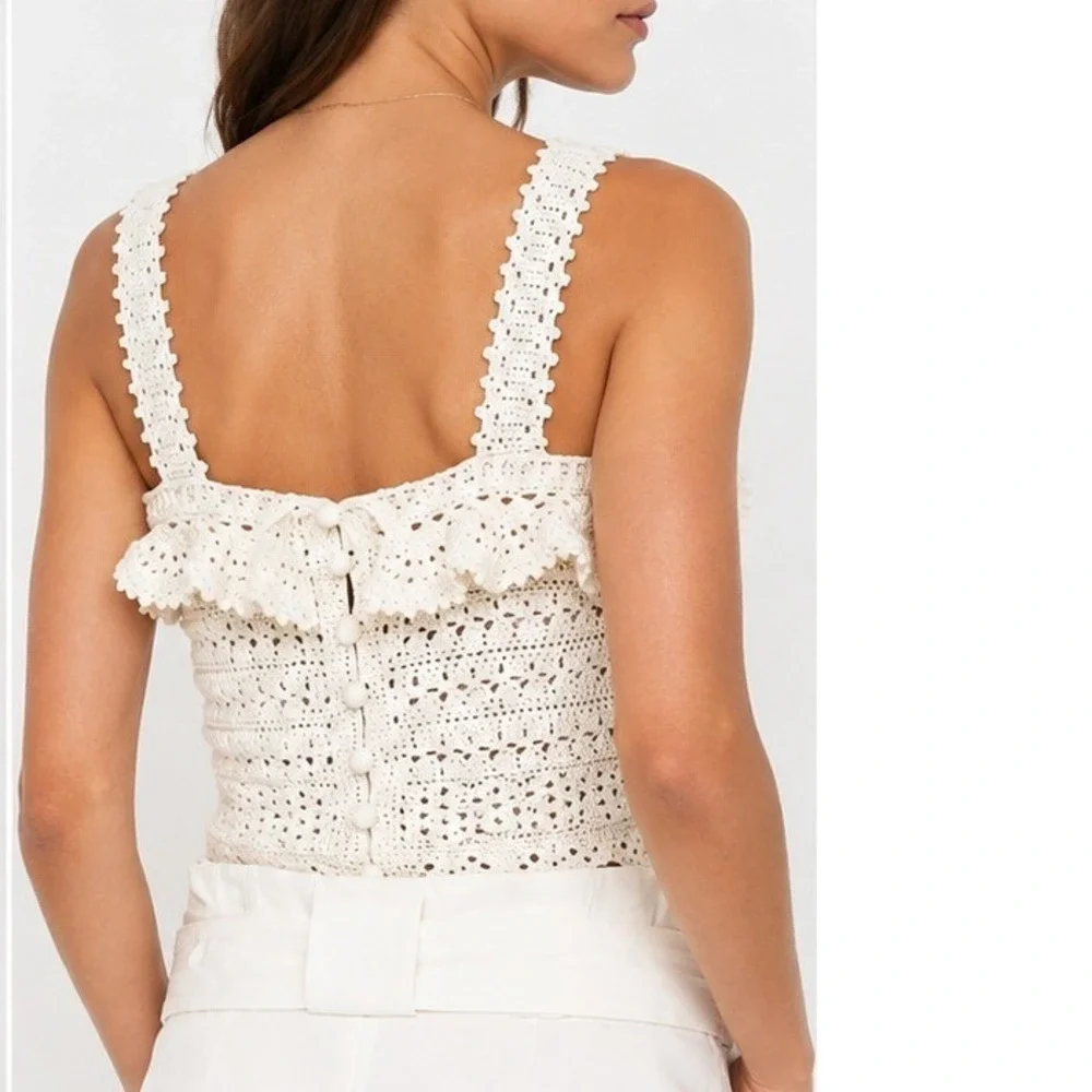 SEA NEW YORK Crochet Ruffle Button Back Wool Tank Top Coquette Festival Cream S
